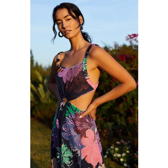 Anthropologie Maeve Cut-Out Maxi Dress Navy Blue Floral Print - Picture 8 of 14